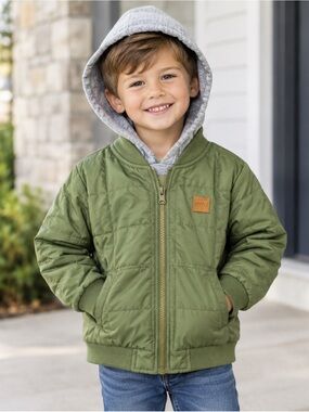 London Fog Toddler Boys Olive Green Quilted Hooded Jacket - NEW